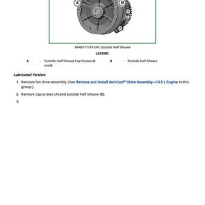 以下が含まれることがあります： RXA0177751-UNとラベルされた外側ハーフシーブの図。画像には、キャップスクリューと外側ハーフシーブのコールアウトを備えたシーブの詳細なイラストが含まれています。テキストは、取り外しと取り付けの手順を提供します。