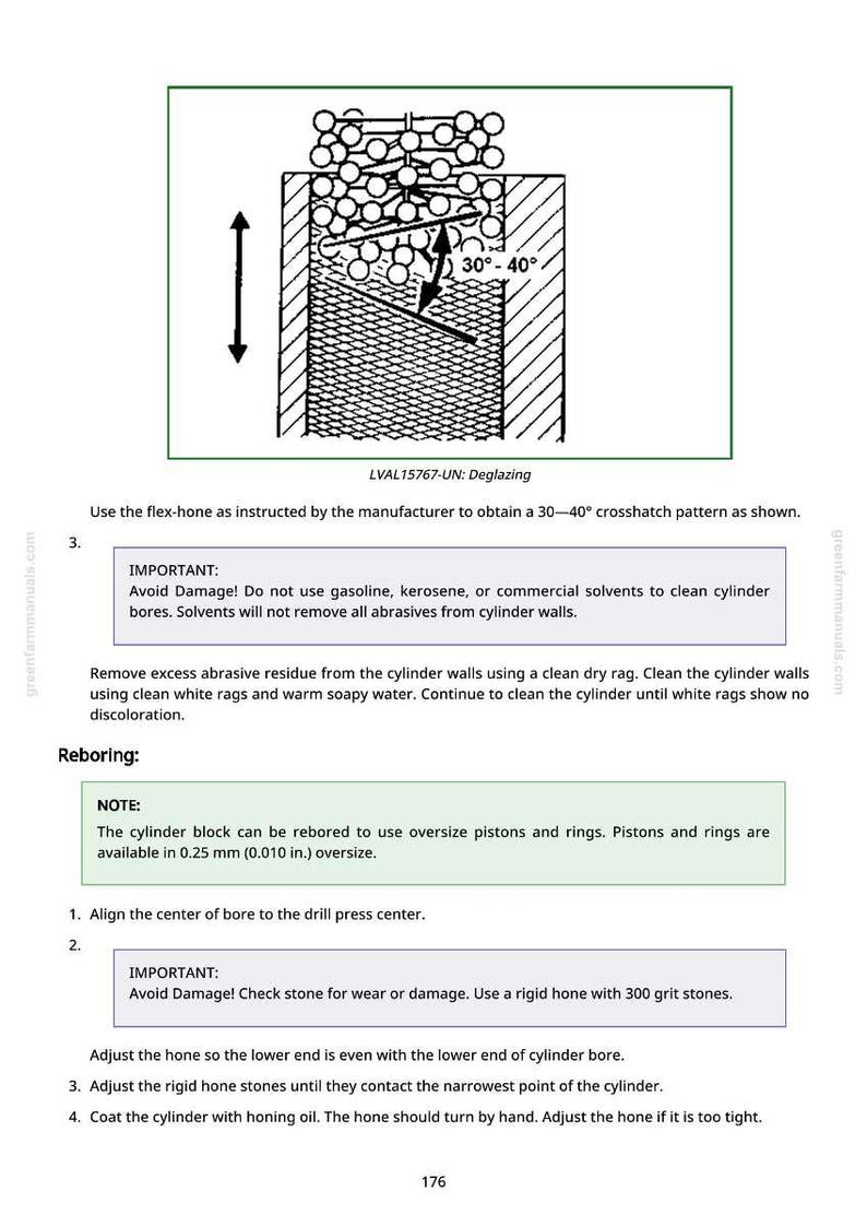 Pode incluir: Diagrama t&eacute;cnico que ilustra o processo de desglaceamento, com um padr&atilde;o de hachura cruzada e um &acirc;ngulo de 30-40 graus. O texto fornece instru&ccedil;&otilde;es e avisos sobre a limpeza dos furos do cilindro e o rebaixamento. Imagem de um manual.