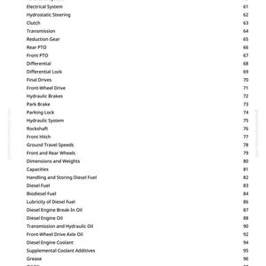 May include: A white page with a table of contents for a manual. The list includes engine specifications, cooling system, and other mechanical components. Page numbers are listed on the right.