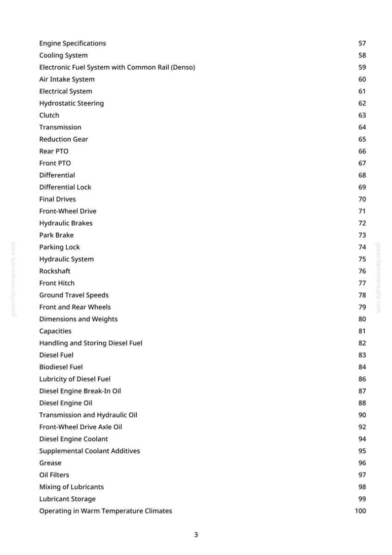 May include: A white page with a table of contents for a manual. The list includes engine specifications, cooling system, and other mechanical components. Page numbers are listed on the right.