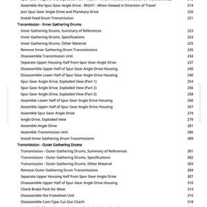 May include: A white page with a detailed table of contents from a manual, listing various mechanical procedures. The text includes terms like "Spur Gear Angle Drive," "Transmission," and "Exploded View," with page numbers.