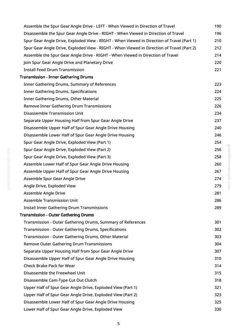 May include: A white page with a detailed table of contents from a manual, listing various mechanical procedures. The text includes terms like "Spur Gear Angle Drive," "Transmission," and "Exploded View," with page numbers.