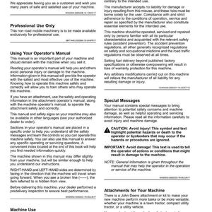 May include: A John Deere product manual with safety and operational information. It includes warnings, important notes, and details on attachments for lawn tractors and utility vehicles, among others.