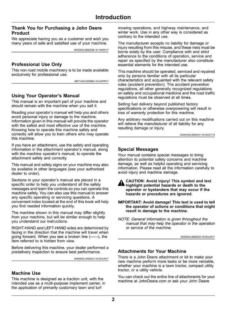 May include: A John Deere product manual with safety and operational information. It includes warnings, important notes, and details on attachments for lawn tractors and utility vehicles, among others.