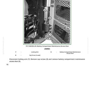 Puede incluir: Diagrama de una puerta de acceso de mantenimiento del compartimento de la bater&iacute;a con un brazo de bloqueo, tornillos de tapa y la propia puerta de acceso. Incluye etiquetas e instrucciones.