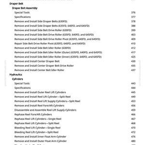 May include: A page from a manual with a table of contents. The text includes specifications for a knife drive gear case, draper belt assembly, and hydraulic cylinders. Page number 6 is visible.