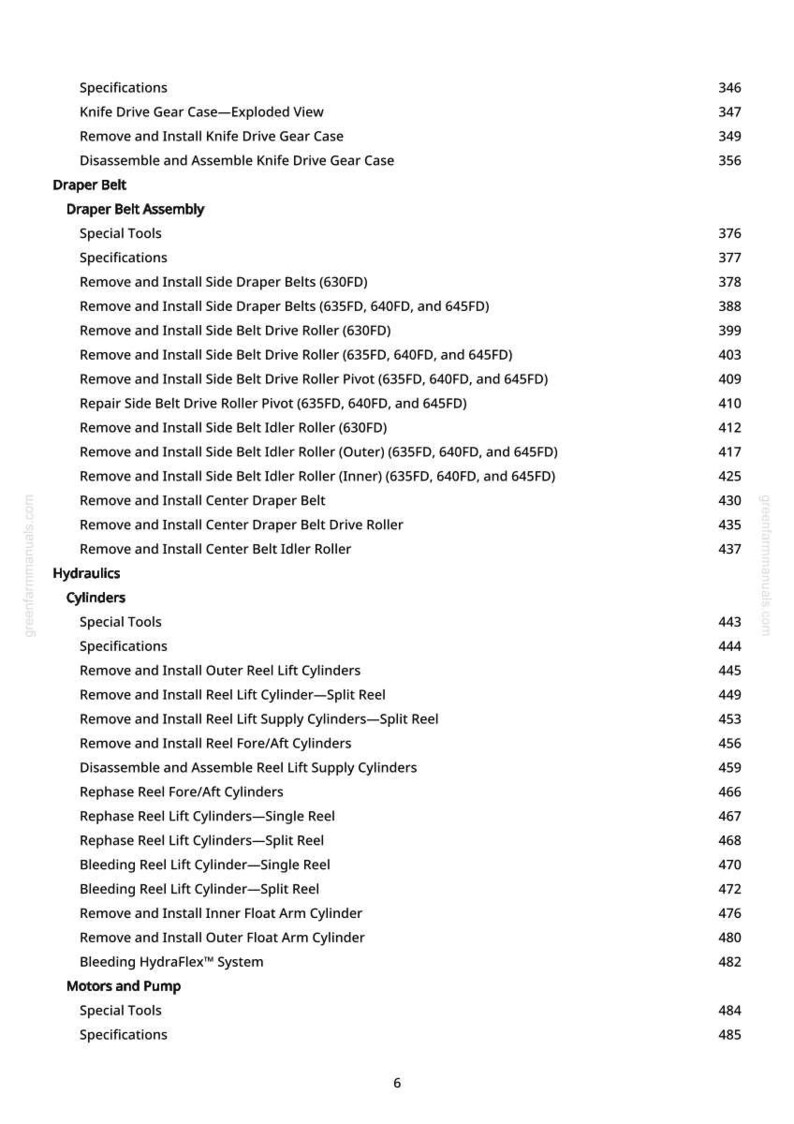 May include: A page from a manual with a table of contents. The text includes specifications for a knife drive gear case, draper belt assembly, and hydraulic cylinders. Page number 6 is visible.