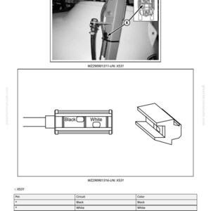 May include: Diagram of a right-hand front marker light, labelled X531. The image includes a close-up of the light assembly and a schematic with black and white wiring details. Text includes "Black" and "White" labels.