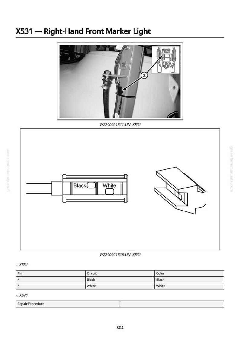 May include: Diagram of a right-hand front marker light, labelled X531. The image includes a close-up of the light assembly and a schematic with black and white wiring details. Text includes "Black" and "White" labels.