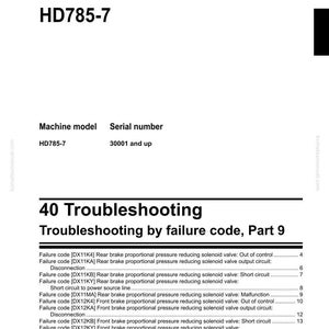 May include: Shop manual page for a Dump Truck HD785-7, detailing troubleshooting by failure code. The page lists failure codes and descriptions, with the Komatsu logo at the bottom.