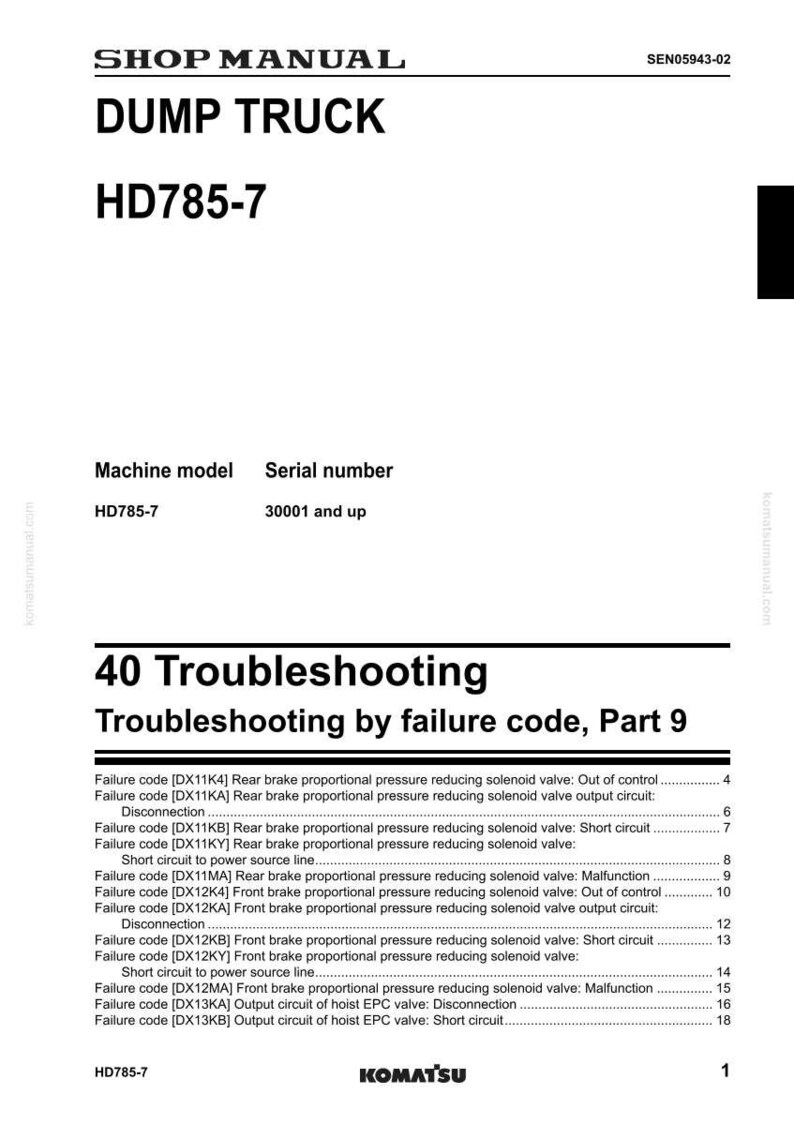 May include: Shop manual page for a Dump Truck HD785-7, detailing troubleshooting by failure code. The page lists failure codes and descriptions, with the Komatsu logo at the bottom.