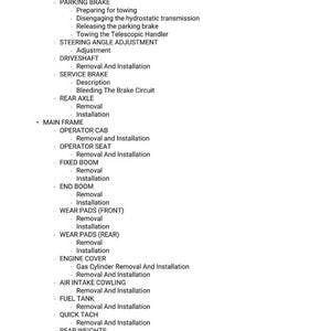 May include: A white document with black text detailing mechanical procedures. Terms like "FRONT AXLE," "PARKING BRAKE," and "ENGINE COVER" are visible, indicating a maintenance or repair manual for a machine.