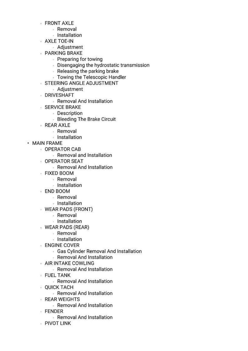 May include: A white document with black text detailing mechanical procedures. Terms like "FRONT AXLE," "PARKING BRAKE," and "ENGINE COVER" are visible, indicating a maintenance or repair manual for a machine.