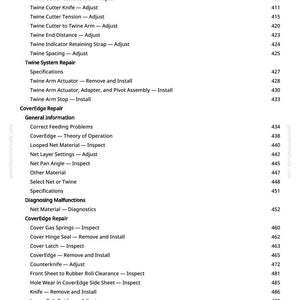 Puede incluir: Una p&aacute;gina detallada de un manual, que enumera las especificaciones e instrucciones de reparaci&oacute;n para equipos agr&iacute;colas. El texto incluye t&eacute;rminos como "Twine Arm", "CoverEdge" y "Net Material", con los n&uacute;meros de p&aacute;gina correspondientes.