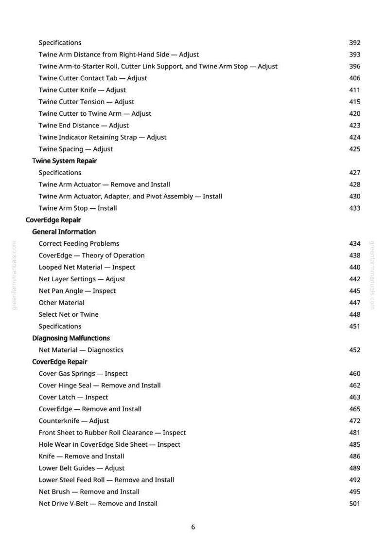 Puede incluir: Una p&aacute;gina detallada de un manual, que enumera las especificaciones e instrucciones de reparaci&oacute;n para equipos agr&iacute;colas. El texto incluye t&eacute;rminos como "Twine Arm", "CoverEdge" y "Net Material", con los n&uacute;meros de p&aacute;gina correspondientes.