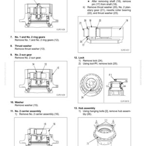 May include: Diagram of a travel motor and final drive disassembly and assembly. The image shows detailed illustrations of various components, including sun gear shafts, ring gears, thrust washers, and hub assemblies. Measurements are not included.