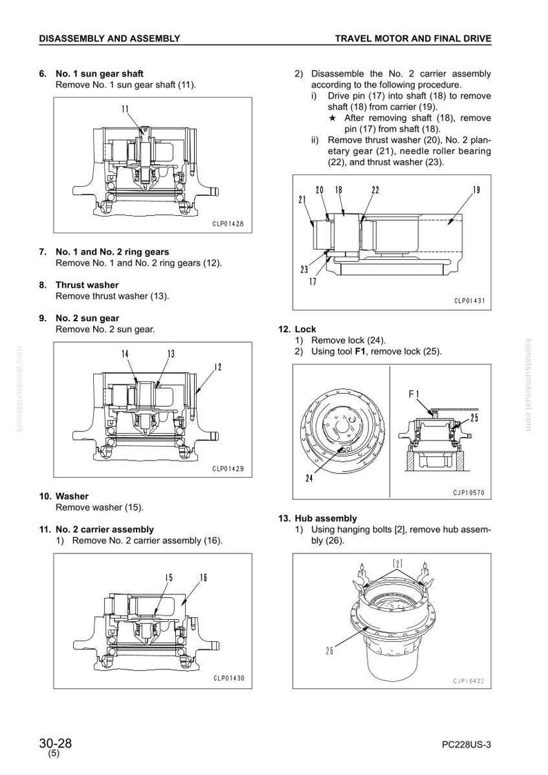 May include: Diagram of a travel motor and final drive disassembly and assembly. The image shows detailed illustrations of various components, including sun gear shafts, ring gears, thrust washers, and hub assemblies. Measurements are not included.