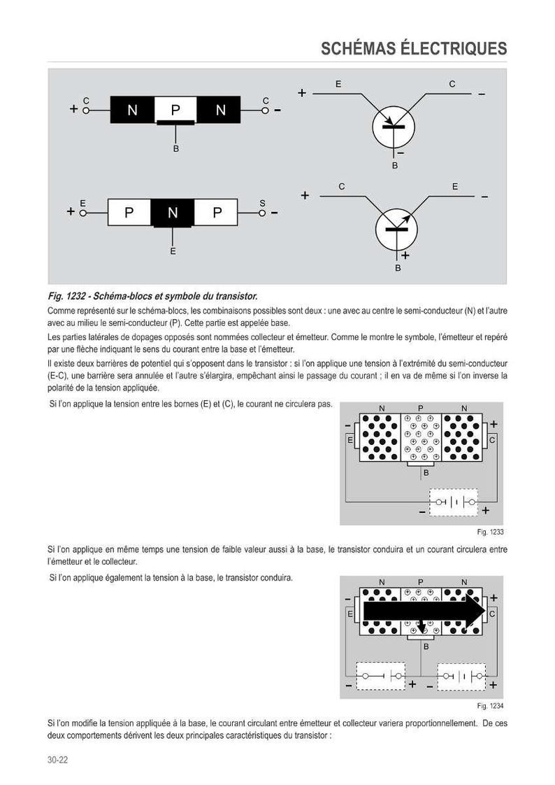 May include: Diagrams of electrical circuits, including transistor symbols and block diagrams. The image includes text in French, with labels such as "E", "C", "N", "P", and "B".