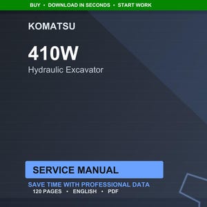 以下が含まれることがあります： コマツ410W油圧ショベルのデジタルサービスマニュアル。表紙は濃い青色で、「KOMATSU 410W Hydraulic Excavator」と「SERVICE MANUAL」と書かれた白い文字があります。マニュアルは120ページで、英語です。