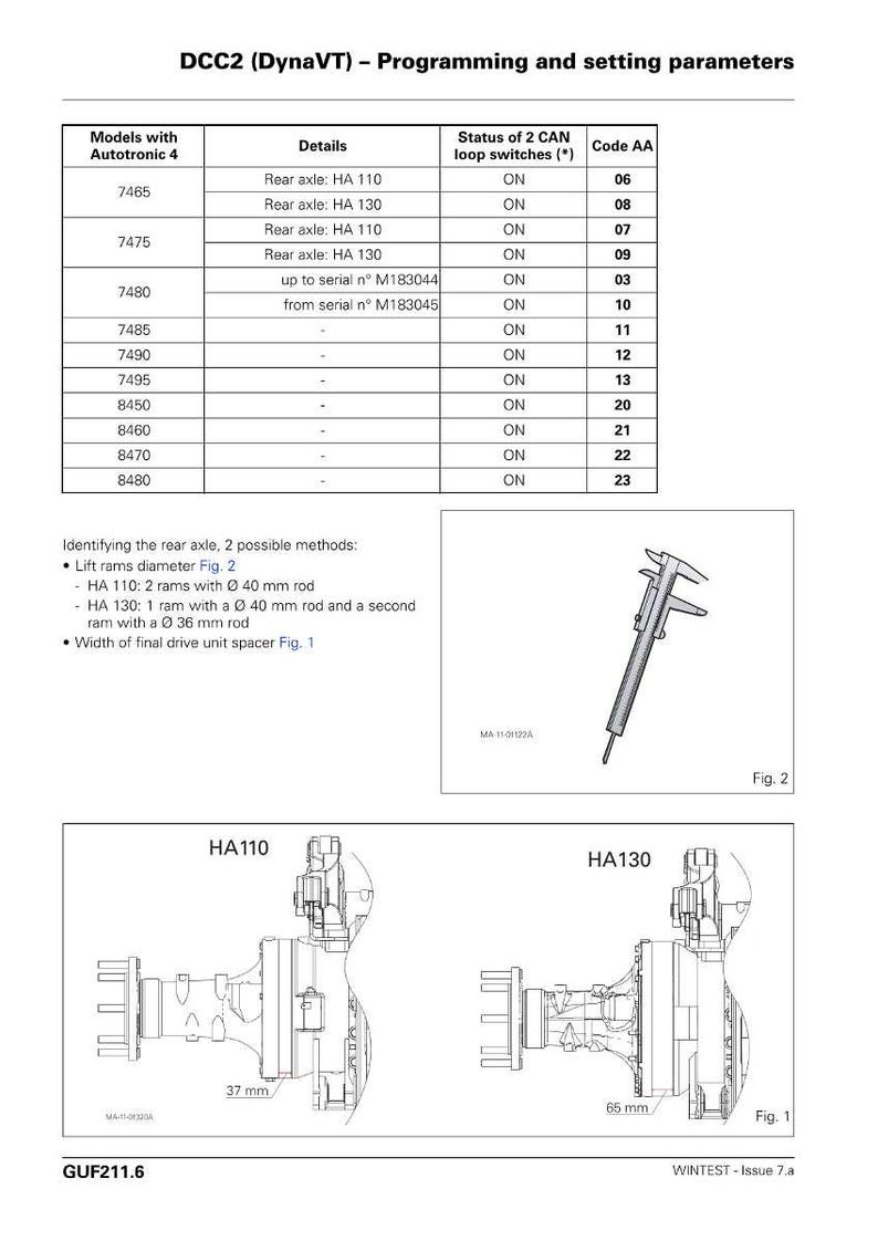 May include: Technical diagram titled "DCC2 (DynaVT) - Programming and setting parameters." Includes tables with model details and CAN loop switch statuses. Features diagrams of rear axles, with measurements of 37 mm and 65 mm.