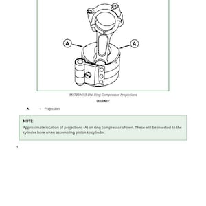 May include: Diagram illustrating the installation of a piston and rod assembly. The image shows a ring compressor with a piston and rod, labeled with callouts. Text includes "Install Piston and Rod" and a note about projection locations.