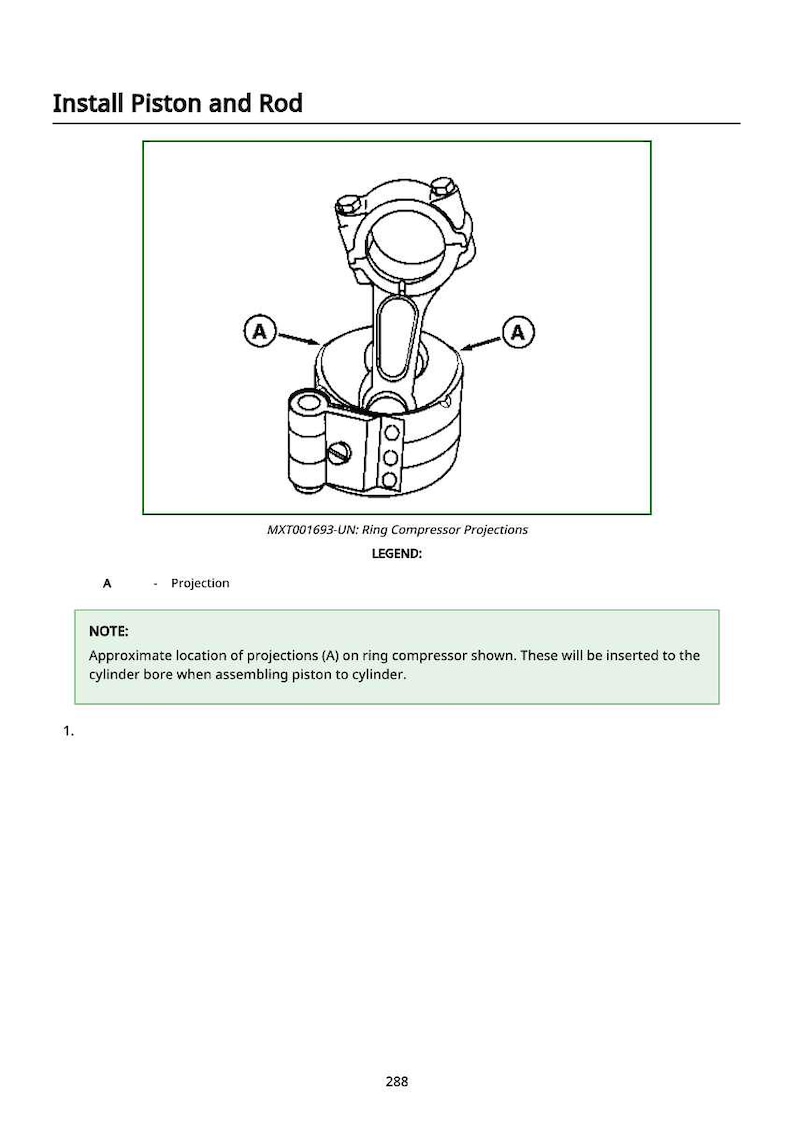 May include: Diagram illustrating the installation of a piston and rod assembly. The image shows a ring compressor with a piston and rod, labeled with callouts. Text includes "Install Piston and Rod" and a note about projection locations.