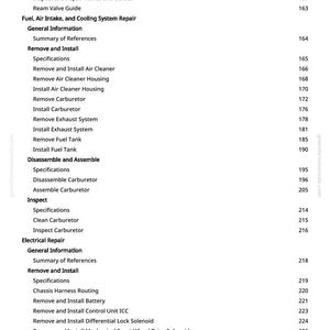 May include: A page from a manual with a table of contents. The text includes sections on fuel, air intake, cooling system repair, electrical repair, and other automotive repair topics. Page numbers are listed on the right.