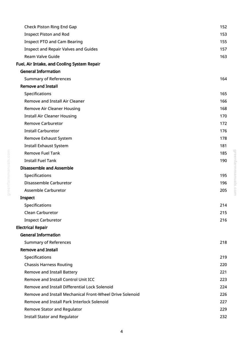 May include: A page from a manual with a table of contents. The text includes sections on fuel, air intake, cooling system repair, electrical repair, and other automotive repair topics. Page numbers are listed on the right.