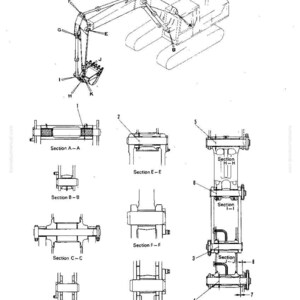 May include: Technical illustration of work equipment, featuring an excavator and sectional diagrams of its components. The image includes labels and annotations, with the text "WORK EQUIPMENT" at the top. Measurements are in metric.