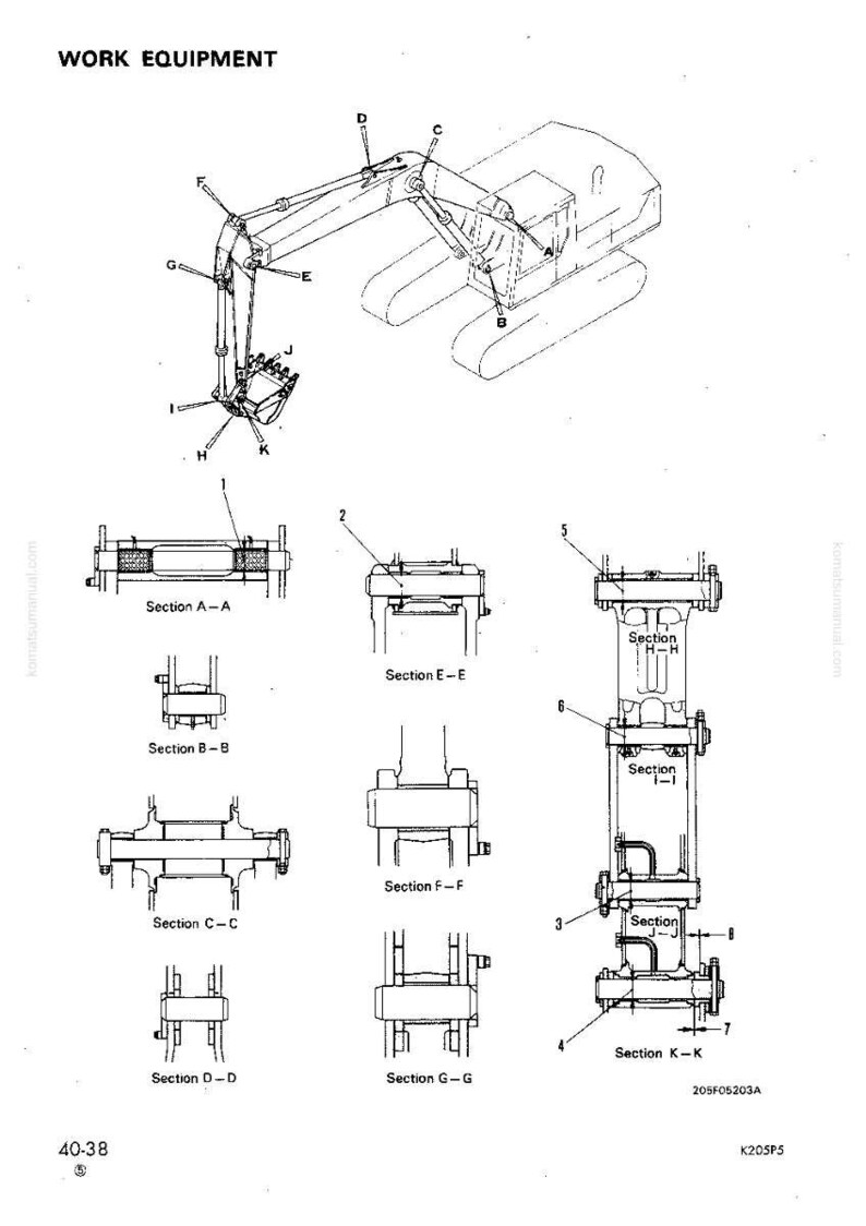 May include: Technical illustration of work equipment, featuring an excavator and sectional diagrams of its components. The image includes labels and annotations, with the text "WORK EQUIPMENT" at the top. Measurements are in metric.