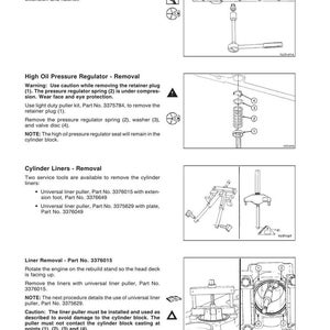 May include: Diagram of engine disassembly procedures, including viscosity sensor removal, high oil pressure regulator removal, and cylinder liner removal. Includes part numbers and safety warnings. Technical illustration.