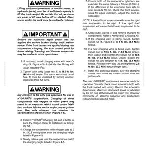 May include: A manual page detailing rear suspension nitrogen charging procedures. The text includes warnings, important notes, and numbered steps for the process, along with diagrams and torque specifications.