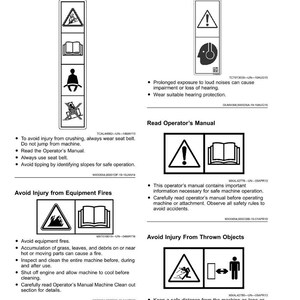 May include: A page of safety labels with illustrations and text, including warnings about crushing, loud noise exposure, equipment fires, and thrown objects. The labels provide instructions for safe operation and maintenance.