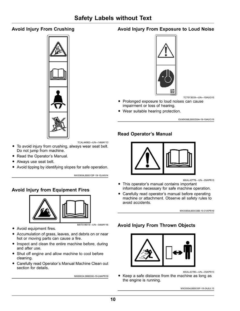 May include: A page of safety labels with illustrations and text, including warnings about crushing, loud noise exposure, equipment fires, and thrown objects. The labels provide instructions for safe operation and maintenance.
