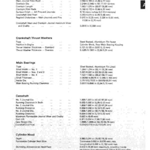May include: Technical data sheet with engine specifications. Includes measurements for crankshaft, thrust washers, main bearings, camshaft, and cylinder head. Measurements are in inches and millimeters.