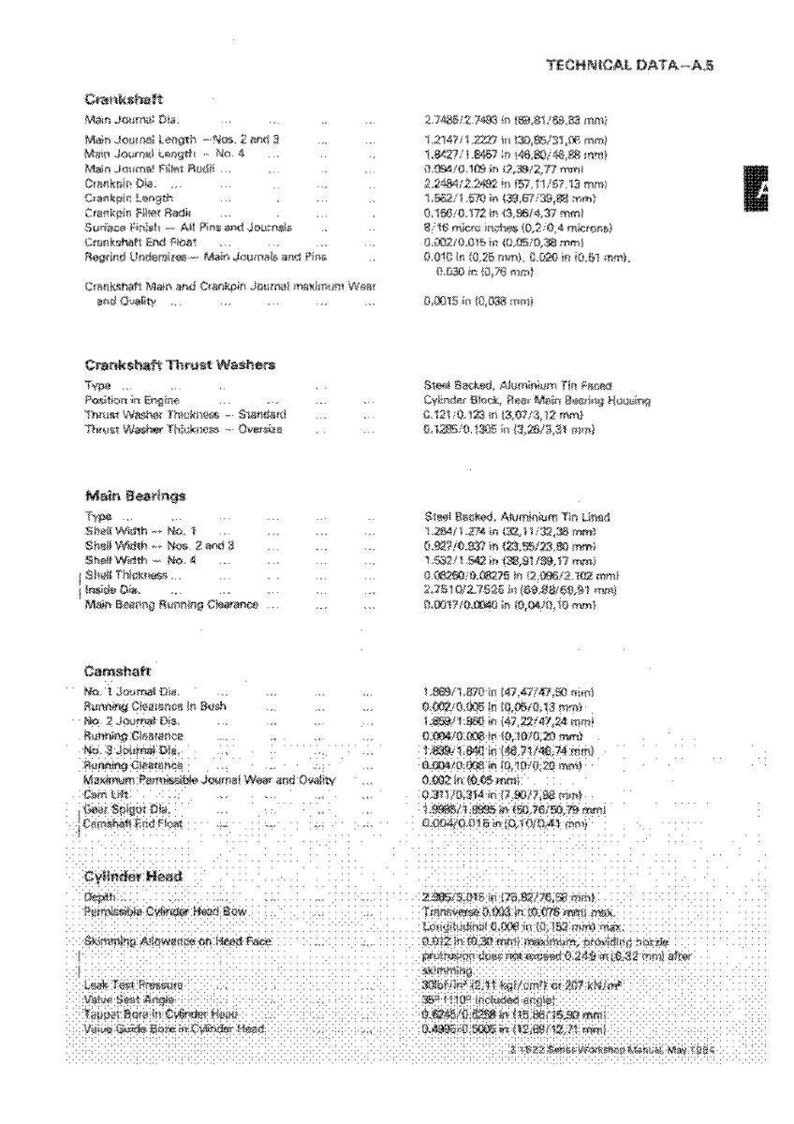 May include: Technical data sheet with engine specifications. Includes measurements for crankshaft, thrust washers, main bearings, camshaft, and cylinder head. Measurements are in inches and millimeters.