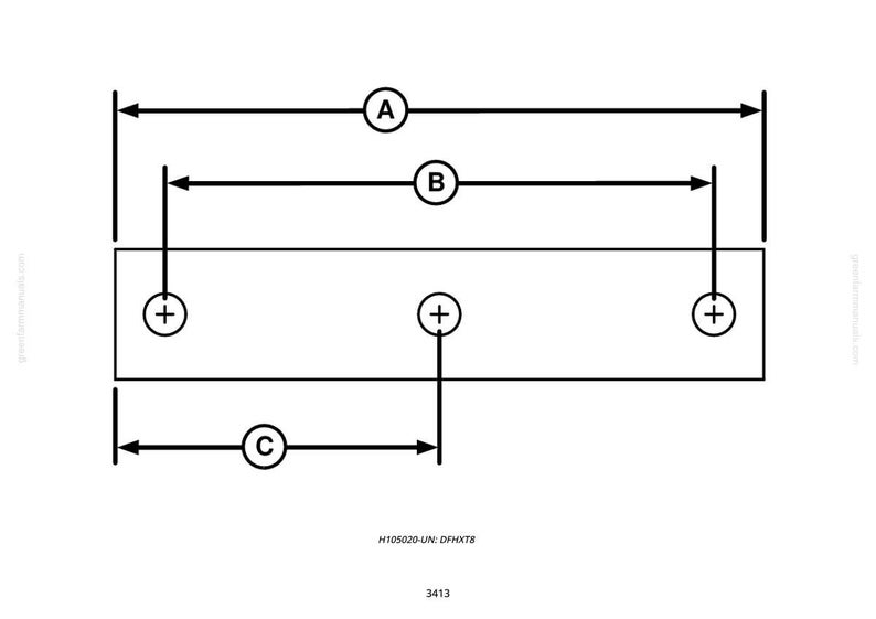 May include: Diagram of a rectangular object with three circular markings and measurement indicators labeled A, B, and C. The diagram is in black and white, with arrows indicating the dimensions of the object.