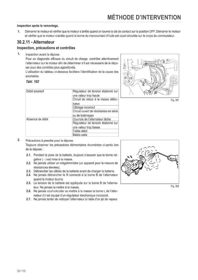 Op de afbeelding: Diagram van een alternatorkeuze-inspectieprocedure met illustraties en tekst. Bevat figuren 391 en 392, met details over stappen en voorzorgsmaatregelen voor auto-onderhoud. De tekst is in het Frans.