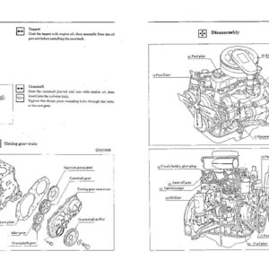 Puede incluir: Diagrama t&eacute;cnico de un motor, con dibujos lineales detallados de los componentes del motor. La imagen incluye piezas etiquetadas como el filtro de aire, el filtro de combustible y el tren de engranajes de distribuci&oacute;n, ofreciendo una vista completa.