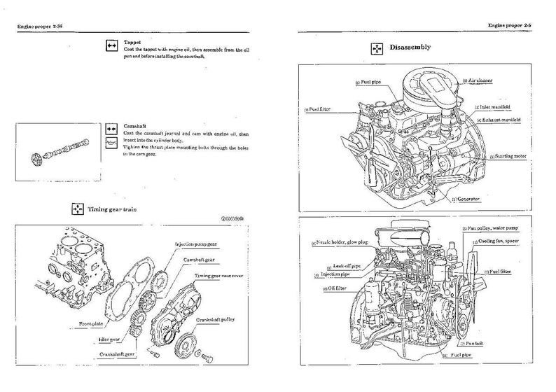 Puede incluir: Diagrama t&eacute;cnico de un motor, con dibujos lineales detallados de los componentes del motor. La imagen incluye piezas etiquetadas como el filtro de aire, el filtro de combustible y el tren de engranajes de distribuci&oacute;n, ofreciendo una vista completa.