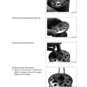 May include: A technical diagram showing the disassembly of a mechanical component. The image includes close-up shots of various parts, including a valve housing assembly, O-rings, a distributor plate, and a cardan shaft. Text instructions accompany each step.