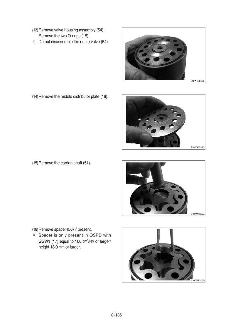 May include: A technical diagram showing the disassembly of a mechanical component. The image includes close-up shots of various parts, including a valve housing assembly, O-rings, a distributor plate, and a cardan shaft. Text instructions accompany each step.