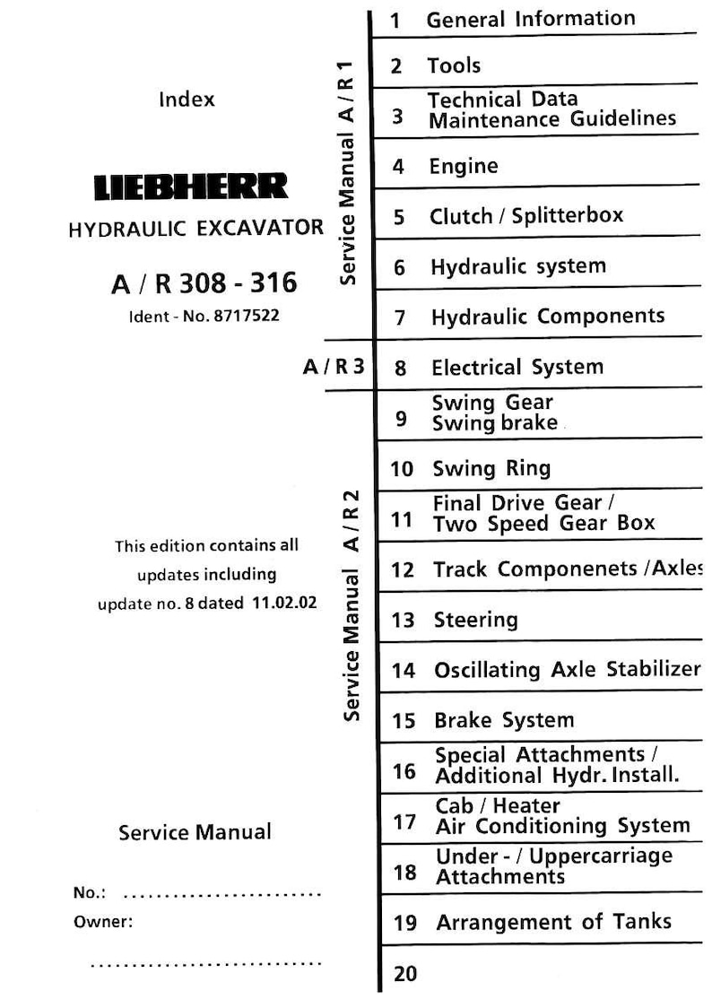 May include: A service manual for a Liebherr hydraulic excavator, model A/R 308-316. The index lists sections like engine, hydraulic system, and electrical system. Includes updates from 11.02.02.