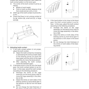 May include: Diagram from a manual showing the disassembly and assembly of a differential assembly. Includes diagrams with arrows and measurements, such as 22 &plusmn; 3 mm. Text provides instructions for adjusting tooth contact.