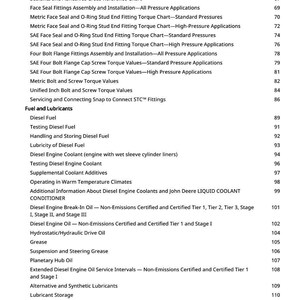 May include: A detailed table of contents from a manual, featuring sections on general information, fuel and lubricants, and engine components. The text is black on a white background, with page numbers on the right.
