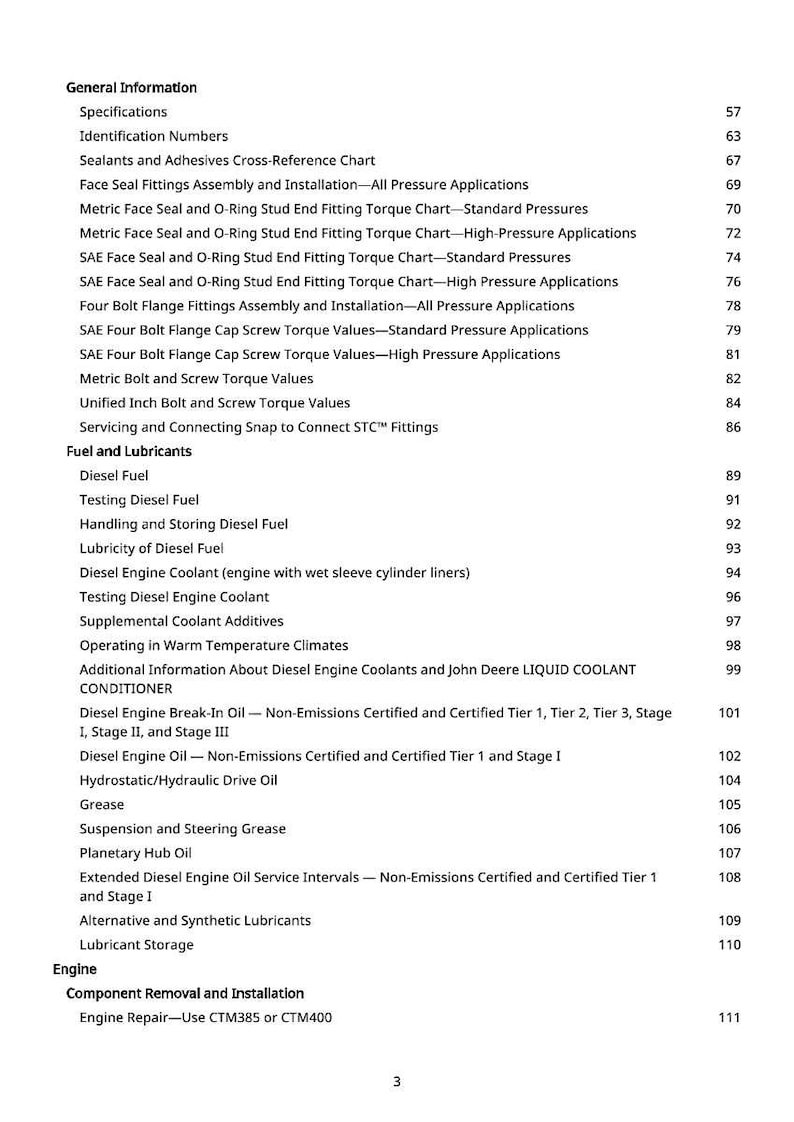 May include: A detailed table of contents from a manual, featuring sections on general information, fuel and lubricants, and engine components. The text is black on a white background, with page numbers on the right.