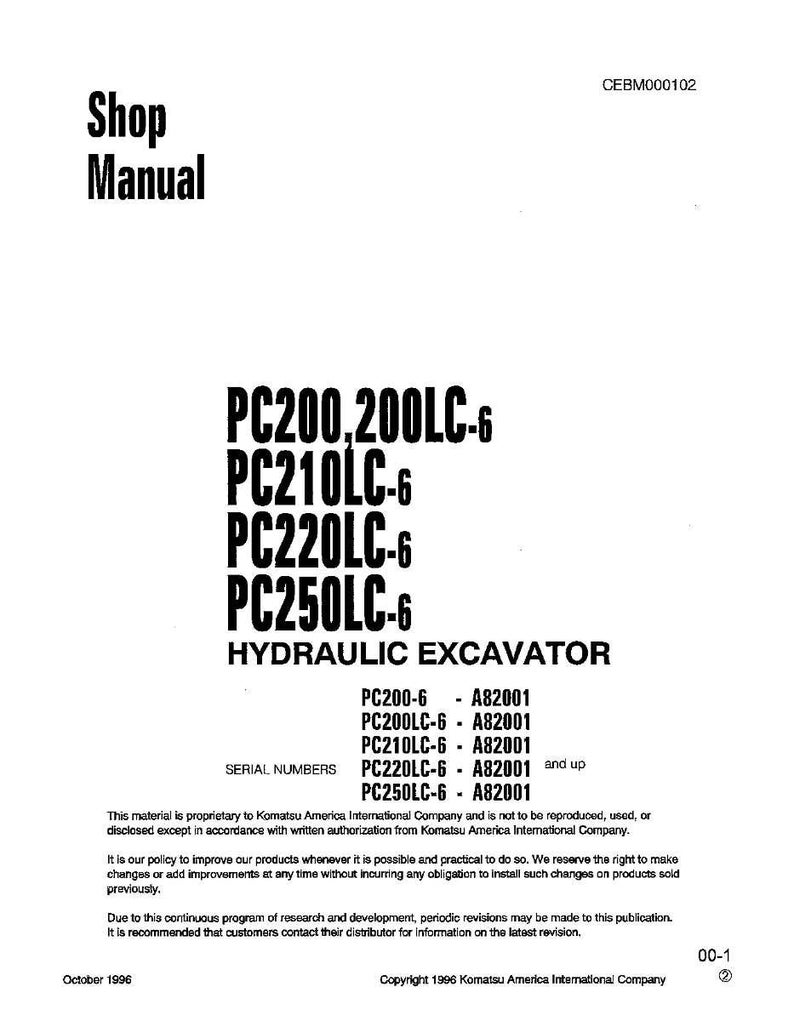 May include: A white manual cover with the title "Shop Manual" in bold black font. Below, it lists excavator models PC200, 200LC-6, PC210LC-6, PC220LC-6, and PC250LC-6. The text "Hydraulic Excavator" is also present.