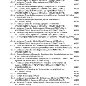 May include: A detailed table of contents from a manual, listing various mechanical procedures for an Agrotron M 610 and M 620 Profiline tractor. Procedures include removal and installation of parts.