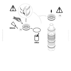 Op de afbeelding: Diagram van mechanische componenten, waaronder een cilindrisch onderdeel met ringen, twee cirkelvormige onderdelen en een container met het label "EM22". Waarschuwingssymbolen en pijlen geven montagestappen aan.