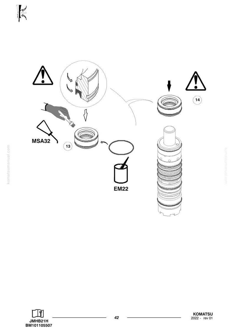 Op de afbeelding: Diagram van mechanische componenten, waaronder een cilindrisch onderdeel met ringen, twee cirkelvormige onderdelen en een container met het label "EM22". Waarschuwingssymbolen en pijlen geven montagestappen aan.